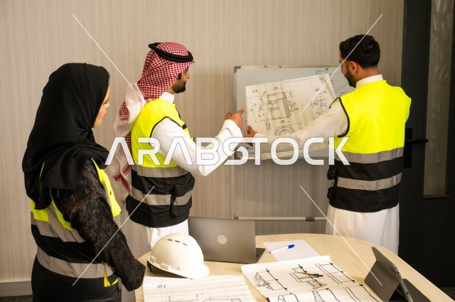 الشركات المختصة بورشات البناء والمقاولات، التخطيط ووضع المخططات المعمارية، مجموعة مهندسون عرب خليجيون سعوديون يعملون على مناقشة مخطط الإنشاء وتحديد القياسات بدقة داخل مقر الشركة، متابعة تنفيذ الخطط الهندسية الموضوعة