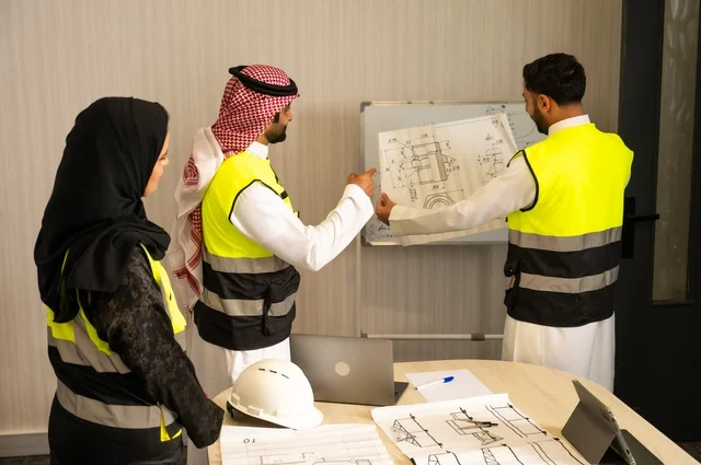 Companies specializing in construction and contracting workshops, planning and developing architectural plans. A group of Saudi Arabian Gulf engineers work to discuss the construction plan and accurately determine measurements within the company's headquarters, and follow up on the implementation of the engineering plans.