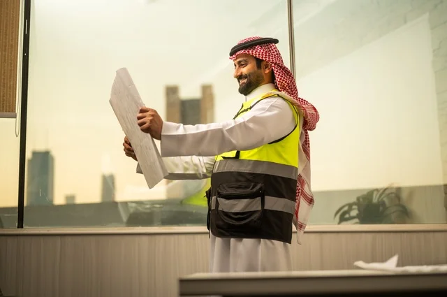 الإعمار بسواعد أبناء الوطن، مفهوم الهندسة والإنشاءات،  مهندس عربي خليجي سعودي يرتدي زي العمل يمسك بيده مخطط التطور العمراني للمباني، تدقيق ومراجعة الخطط الهندسية، دراسة أساسيات المشروع، إكمال رسم مخطوطات البناء