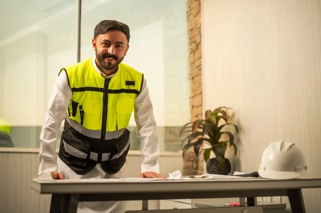 الإعمار بسواعد أبناء الوطن، مفهوم الهندسة والإنشاءات،  مهندس عربي خليجي سعودي يرتدي زي العمل يمسك بيده مخطط التطور العمراني للمباني، تدقيق ومراجعة الخطط الهندسية، دراسة أساسيات المشروع، إكمال رسم مخطوطات البناء