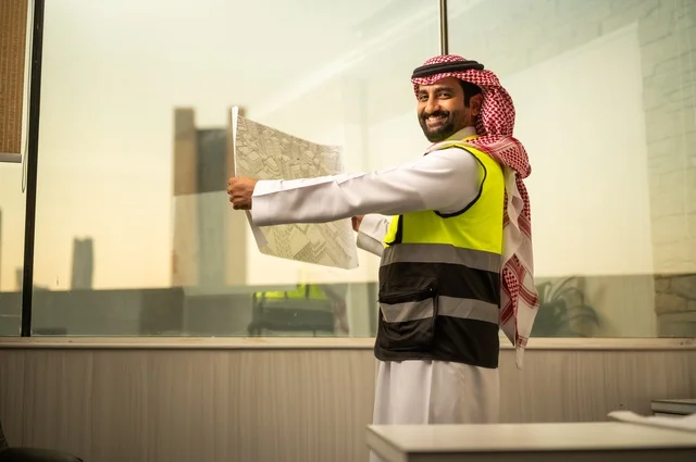 Auditing and reviewing engineering plans, studying project basics, completing building blueprints, construction by the hands of the sons of the nation, the concept of engineering and construction, a Saudi Arabian Gulf engineer wearing work clothes holding in his hand the urban development plan for buildings