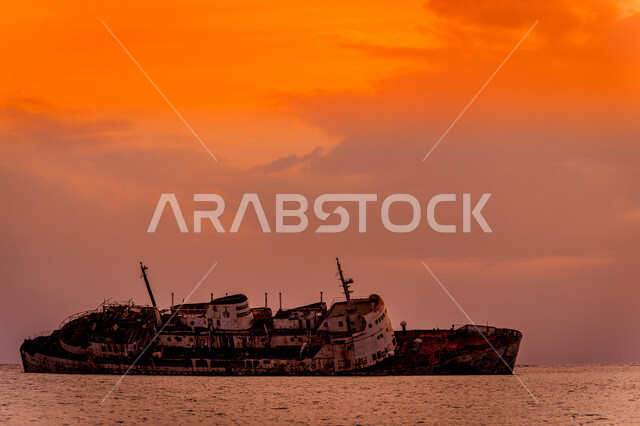 صورة جمالية وقت الغروب لحطام سفينة ( التايتنك ) الغارقة جنوب مدينة جدة ، ميناء الشعيبة على البحر الأحمر ، معالم سياحة و طبيعية رائعة في المملكة العربية السعودية