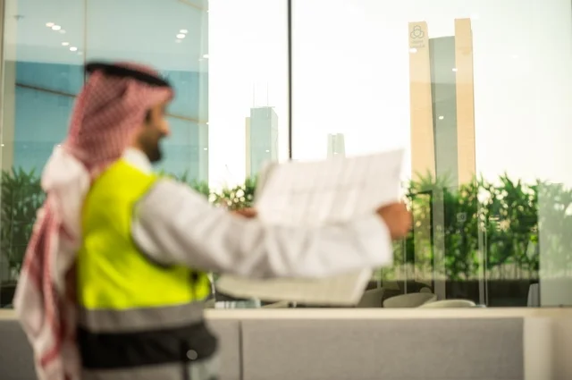 تدقيق ومراجعة الخطط الهندسية، دراسة أساسيات المشروع، إكمال رسم مخطوطات البناء، الإعمار بسواعد أبناء الوطن، مفهوم الهندسة والإنشاءات،  مهندس عربي خليجي سعودي يرتدي زي العمل يمسك بيده مخطط التطور العمراني للمباني