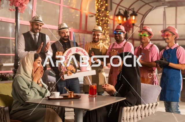 Birthday parties are held in cafes and luxury restaurants in the kingdom, with decorations to celebrate happy occasions, sharing the celebration with the service staff, spending enjoyable time with friends, gestures of happiness and surprise, an Arab Gulf Saudi woman wearing a hijab and an abaya is celebrating her friend's birthday.
