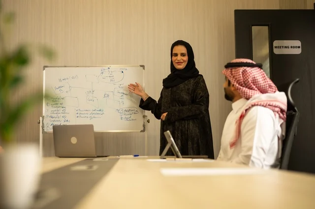 Using the whiteboard to clarify the processes and procedures followed in the company, teamwork and team spirit, discussing work plans, using the laptop to take notes, professionalism and dedication to achievement, a Saudi Gulf Arab team in a meeting inside the office, ensuring a clear and comprehensive understanding of the work.