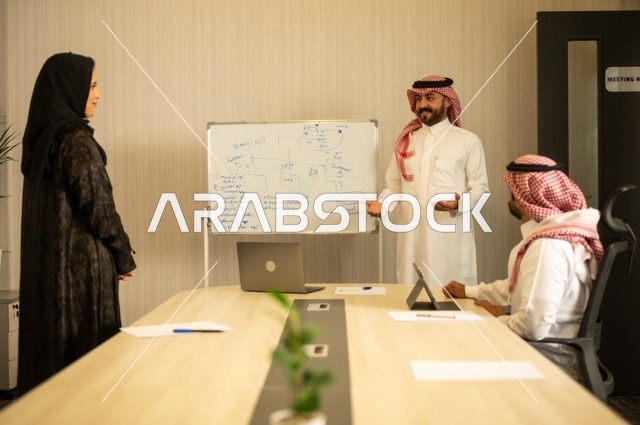 Using the whiteboard to clarify the processes and procedures followed in the company, teamwork and team spirit, discussing work plans, using the laptop to take notes, professionalism and dedication to achievement, a Saudi Gulf Arab team in a meeting inside the office, ensuring a clear and comprehensive understanding of the work.