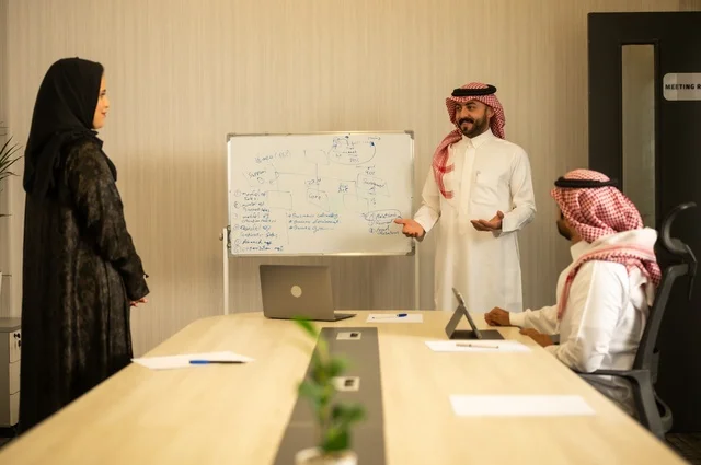 Using the whiteboard to clarify the processes and procedures followed in the company, teamwork and team spirit, discussing work plans, using the laptop to take notes, professionalism and dedication to achievement, a Saudi Gulf Arab team in a meeting inside the office, ensuring a clear and comprehensive understanding of the work.