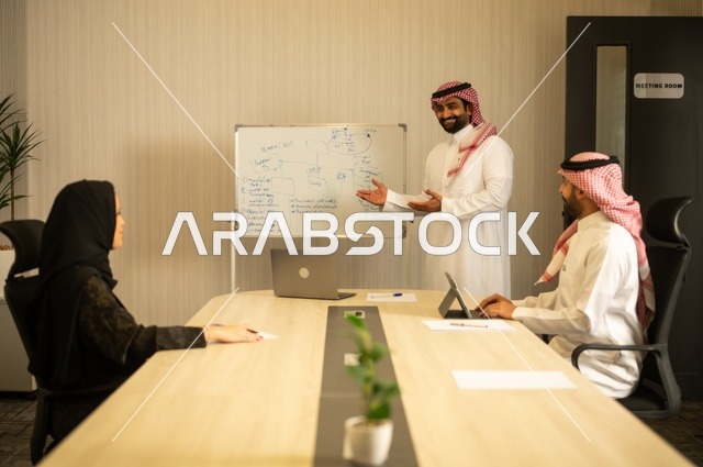 Using the whiteboard to clarify the processes and procedures followed in the company, teamwork and team spirit, discussing work plans, using the laptop to take notes, professionalism and dedication to achievement, a Saudi Gulf Arab team in a meeting inside the office, ensuring a clear and comprehensive understanding of the work.