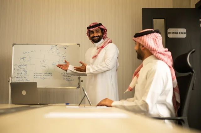 استعمال السبورة لتوضيح العمليات والاجراءات المتبعة في الشركة، العمل الجماعي وروح الفريق، مناقشة خطط العمل، استخدام اللابتوب في تدوين الملاحظات، الاحترافية والتفاني في الإنجاز، فريق عربي خليجي سعودي في اجتماع داخل المكتب، ضمان فهم واضح وشامل للاعمال