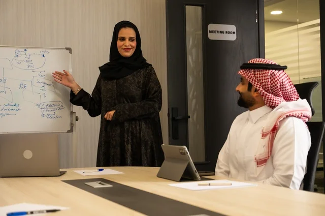 استعمال السبورة لتوضيح العمليات والاجراءات المتبعة في الشركة، العمل الجماعي وروح الفريق، مناقشة خطط العمل، استخدام اللابتوب في تدوين الملاحظات، الاحترافية والتفاني في الإنجاز، فريق عربي خليجي سعودي في اجتماع داخل المكتب، ضمان فهم واضح وشامل للاعمال