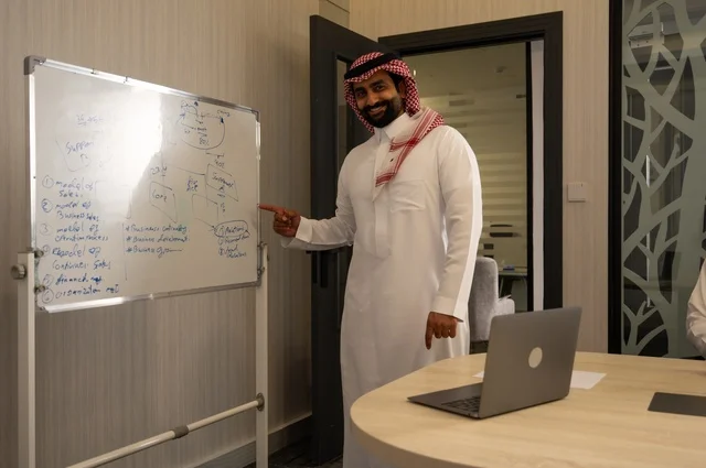 استعمال السبورة لتوضيح العمليات والاجراءات المتبعة في الشركة، العمل الجماعي وروح الفريق، مناقشة خطط العمل، استخدام اللابتوب في تدوين الملاحظات، الاحترافية والتفاني في الإنجاز، فريق عربي خليجي سعودي في اجتماع داخل المكتب، ضمان فهم واضح وشامل للاعمال