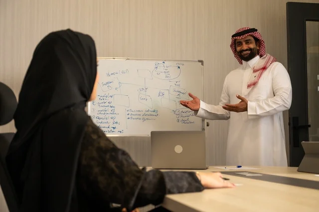 Using the whiteboard to clarify the processes and procedures followed in the company, teamwork and team spirit, discussing work plans, using the laptop to take notes, professionalism and dedication to achievement, a Saudi Gulf Arab team in a meeting inside the office, ensuring a clear and comprehensive understanding of the work.