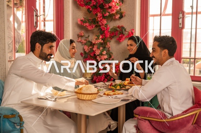 الاستمتاع بتناول الغداء في المطعم, جلسة وناسة وتعارف، بناء علاقات اجتماعية ناجحة, تبادل الأحاديث والاخبار, مشاركة الأصدقاء الأوقات الممتعة, عائلة عرب خليجيون سعوديون يجلسون على المائدة في إحدى المطاعم الراقية ويقومون بتناول الطعام بإيماءات السعادة والسرور