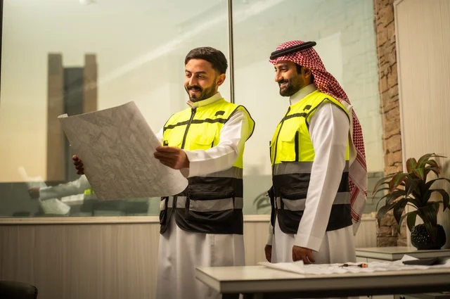 متابعة تنفيذ الخطط الهندسية، الشركات المختصة بورشات البناء والمقاولات، التخطيط ووضع اساسيات المخططات المعمارية، مهندسان عربيان خليجيان سعوديان يرتديان سترة الحماية يعملان على مناقشة مخطط الإنشاء وتحديد القياسات بدقة