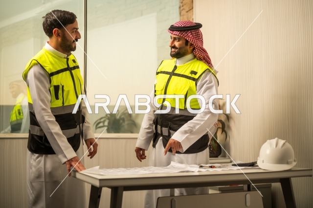متابعة تنفيذ الخطط الهندسية، الشركات المختصة بورشات البناء والمقاولات، التخطيط ووضع اساسيات المخططات المعمارية، مهندسان عربيان خليجيان سعوديان يرتديان سترة الحماية يعملان على مناقشة مخطط الإنشاء وتحديد القياسات بدقة
