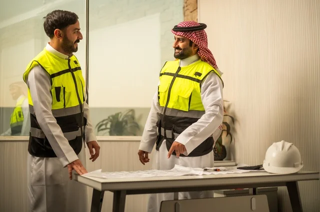 متابعة تنفيذ الخطط الهندسية، الشركات المختصة بورشات البناء والمقاولات، التخطيط ووضع اساسيات المخططات المعمارية، مهندسان عربيان خليجيان سعوديان يرتديان سترة الحماية يعملان على مناقشة مخطط الإنشاء وتحديد القياسات بدقة