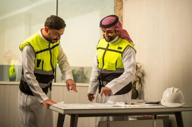 Monitoring the implementation of engineering plans, companies specialized in construction workshops and contracting, planning and establishing the fundamentals of architectural designs, two Saudi Gulf Arab engineers wearing safety vests are discussing the construction plan and accurately determining the measurements.