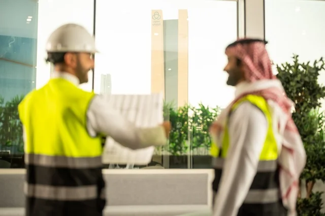 Monitoring the implementation of engineering plans, companies specialized in construction workshops and contracting, planning and establishing the fundamentals of architectural designs, two Saudi Gulf Arab engineers wearing safety vests are discussing the construction plan and accurately determining the measurements.