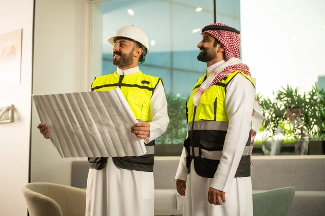 متابعة تنفيذ الخطط الهندسية، الشركات المختصة بورشات البناء والمقاولات، التخطيط ووضع اساسيات المخططات المعمارية، مهندسان عربيان خليجيان سعوديان يرتديان سترة الحماية يعملان على مناقشة مخطط الإنشاء وتحديد القياسات بدقة