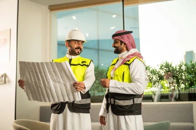 Monitoring the implementation of engineering plans, companies specialized in construction workshops and contracting, planning and establishing the fundamentals of architectural designs, two Saudi Gulf Arab engineers wearing safety vests are discussing the construction plan and accurately determining the measurements.