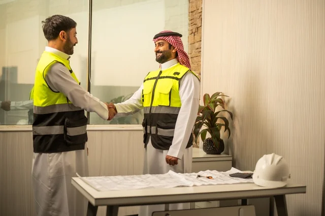 عقد اتفاقيات عمل جديدة ، إيماءات السعادة والسرور، الشركات المختصة بورشات البناء والمقاولات، تصميم وتخطيط المخططات المعمارية، مهندس عربي خليجي سعودي يرتدي الشماغ يقوم بمصافحة مهندس يرتدي الخوذة وسترة الحماية داخل المكتب
