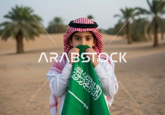 الاحتفال باليوم الوطني السعودي 23 سبتمبر , يوم العلم 11 مارس , احتفالات ومناسبات وطنية , ولد عربي خليجي يرتدي الزي التقليدي والشماغ  يقوم بتقبيل راية التوحيد والاسلام في وسط الصحراء، الرمال الذهبية الناعمة