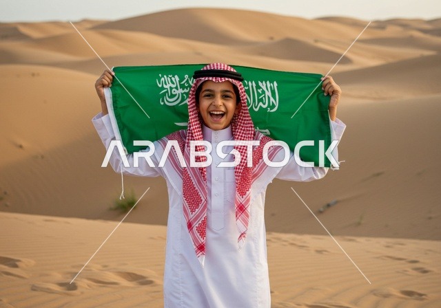 ايماءات السعادة والفخر، الاحتفال باليوم الوطني السعودي 23 سبتمبر , يوم العلم 11 مارس , احتفالات ومناسبات وطنية , ولد عربي خليجي يرتدي الزي التقليدي والشماغ  يحمل بيده راية التوحيد والاسلام في وسط الصحراء، الرمال الذهبية الناعمة