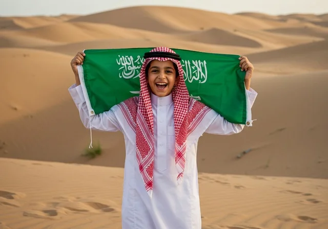 Gestures of happiness and pride, celebrating Saudi National Day on September 23, Flag Day on March 11, national celebrations and occasions, an Arab Gulf boy wearing traditional attire and a shemagh holding the flag of unity and Islam in the middle of the desert, the soft golden sands.