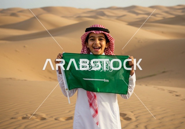 ايماءات السعادة والفخر، الاحتفال باليوم الوطني السعودي 23 سبتمبر , يوم العلم 11 مارس , احتفالات ومناسبات وطنية , ولد عربي خليجي يرتدي الزي التقليدي والشماغ  يحمل بيده راية التوحيد والاسلام في وسط الصحراء، الرمال الذهبية الناعمة