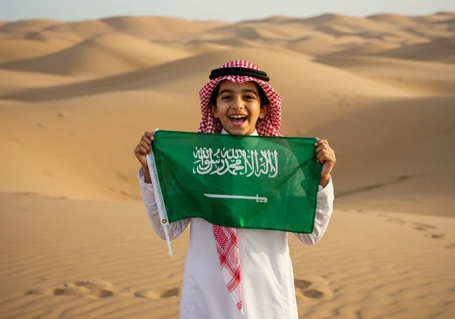 Gestures of happiness and pride, celebrating Saudi National Day on September 23, Flag Day on March 11, national celebrations and occasions, an Arab Gulf boy wearing traditional attire and a shemagh holding the flag of unity and Islam in the middle of the desert, the soft golden sands.
