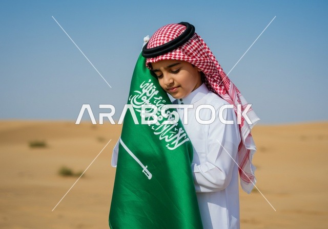 الاحتفال باليوم الوطني السعودي 23 سبتمبر , يوم العلم 11 مارس , احتفالات ومناسبات وطنية , ولد عربي خليجي يرتدي الزي التقليدي والشماغ  يقوم بتقبيل راية التوحيد والاسلام في وسط الصحراء، الرمال الذهبية الناعمة