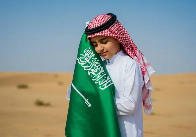 Celebrating Saudi National Day on September 23, Flag Day on March 11, national celebrations and occasions, an Arab Gulf boy wearing traditional attire and a shemagh is kissing the flag of Tawheed and Islam in the middle of the desert, the soft golden sands.