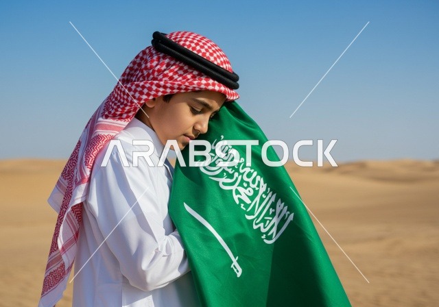 الاحتفال باليوم الوطني السعودي 23 سبتمبر , يوم العلم 11 مارس , احتفالات ومناسبات وطنية , ولد عربي خليجي يرتدي الزي التقليدي والشماغ  يقوم بتقبيل راية التوحيد والاسلام في وسط الصحراء، الرمال الذهبية الناعمة