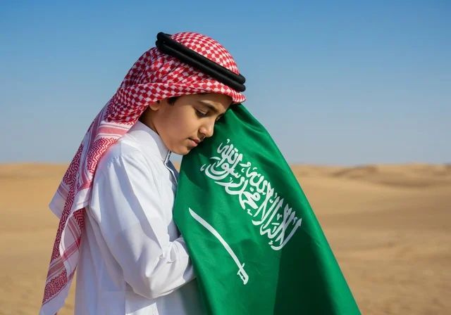 Celebrating Saudi National Day on September 23, Flag Day on March 11, national celebrations and occasions, an Arab Gulf boy wearing traditional attire and a shemagh is kissing the flag of Tawheed and Islam in the middle of the desert, the soft golden sands.