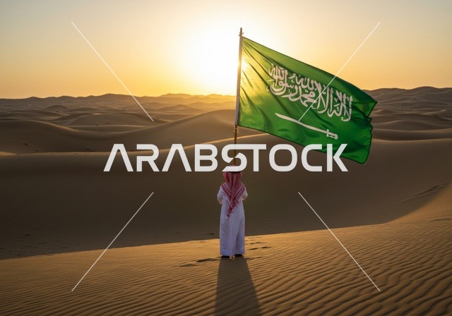 الاحتفال باليوم الوطني السعودي 23 سبتمبر , يوم العلم 11 مارس , احتفالات ومناسبات وطنية , صورة من الخلف لطفل عربي خليجي يرتدي الزي التقليدي والشماغ  يحمل بيده رايه التوحيد والاسلام يقف وسط الصحراء، الرمال الذهبية الناعمة