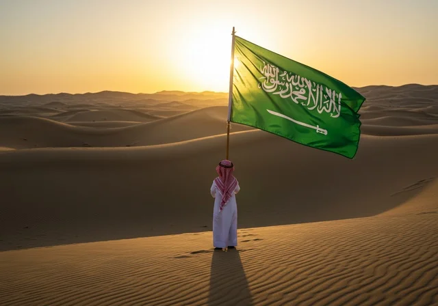 الاحتفال باليوم الوطني السعودي 23 سبتمبر , يوم العلم 11 مارس , احتفالات ومناسبات وطنية , صورة من الخلف لطفل عربي خليجي يرتدي الزي التقليدي والشماغ  يحمل بيده رايه التوحيد والاسلام يقف وسط الصحراء، الرمال الذهبية الناعمة