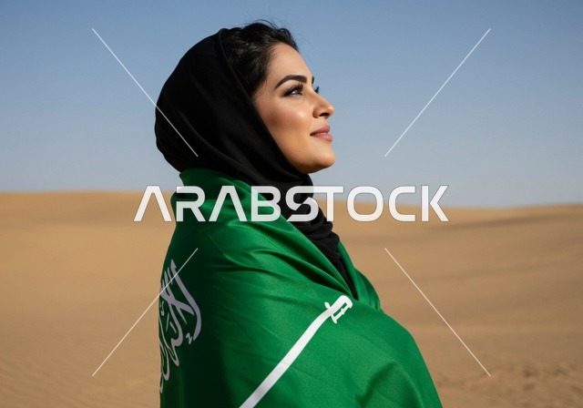 يوم العلم 11 مارس، استذكار اليوم الوطني السعودي 23 سبتمبر، الاحتفال بالأعياد والمناسبات الوطنية، رفع راية التوحيد والإسلام، امرأة عربية خليجية سعودية محجبة تضع على كتفيها علم السعودية تقف في الصحراء وتنظر إلى شيء ما، الفخر و الاعتزاز بالانتماء للوطن