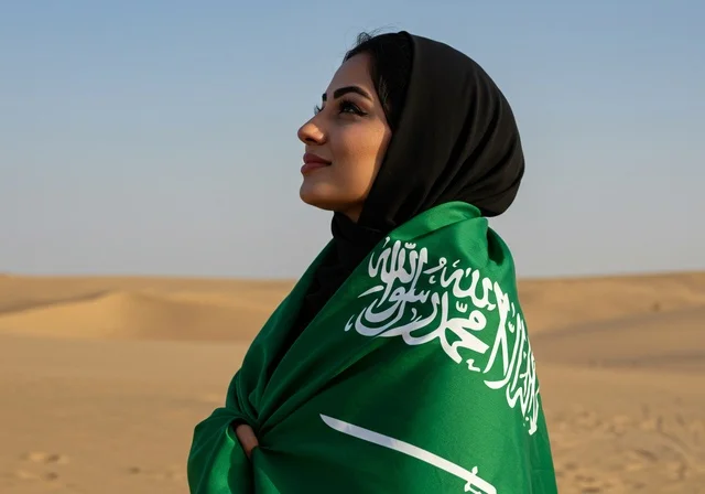 Flag Day is on March 11, the commemoration of Saudi National Day is on September 23, celebrating national holidays and events, raising the banner of monotheism and Islam, an Arab Gulf Saudi woman in a hijab drapes the Saudi flag over her shoulders, standing in the desert and looking at something, pride and honor in belonging to the homeland.