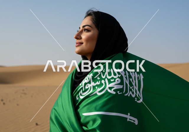 يوم العلم 11 مارس، استذكار اليوم الوطني السعودي 23 سبتمبر، الاحتفال بالأعياد والمناسبات الوطنية، رفع راية التوحيد والإسلام، امرأة عربية خليجية سعودية محجبة تضع على كتفيها علم السعودية تقف في الصحراء وتنظر إلى شيء ما، الفخر و الاعتزاز بالانتماء للوطن