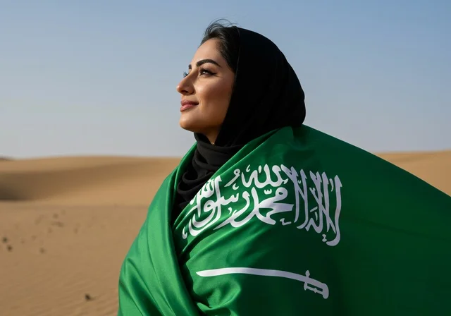 يوم العلم 11 مارس، استذكار اليوم الوطني السعودي 23 سبتمبر، الاحتفال بالأعياد والمناسبات الوطنية، رفع راية التوحيد والإسلام، امرأة عربية خليجية سعودية محجبة تضع على كتفيها علم السعودية تقف في الصحراء وتنظر إلى شيء ما، الفخر و الاعتزاز بالانتماء للوطن