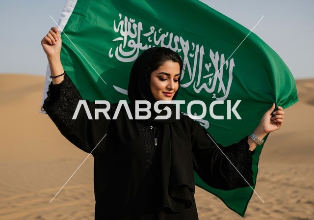 استذكار اليوم الوطني السعودي 23 سبتمبر، يوم العلم 11 مارس، الاحتفال بالأعياد والمناسبات الوطنية، رفع راية التوحيد والإسلام، امرأة عربية خليجية سعودية محجبة تحمل بيدها علم السعودية الاخضر تقف في الصحراء، الفخر و الاعتزاز بالانتماء للوطن