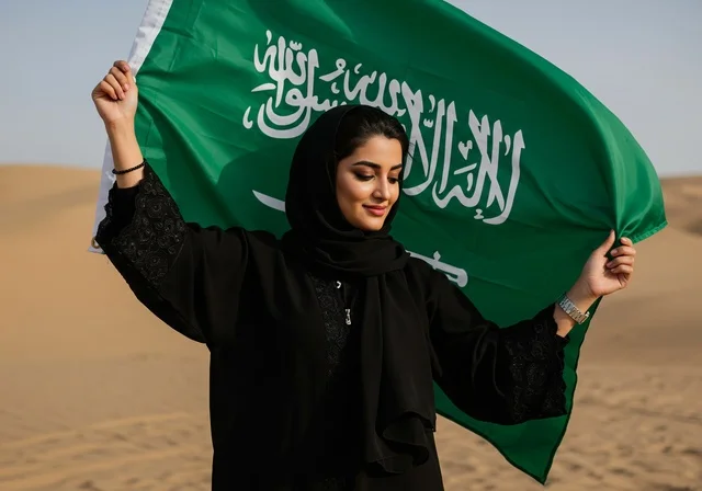 استذكار اليوم الوطني السعودي 23 سبتمبر، يوم العلم 11 مارس، الاحتفال بالأعياد والمناسبات الوطنية، رفع راية التوحيد والإسلام، امرأة عربية خليجية سعودية محجبة تحمل بيدها علم السعودية الاخضر تقف في الصحراء، الفخر و الاعتزاز بالانتماء للوطن