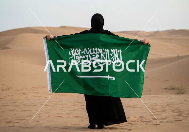 يوم العلم 11 مارس، استذكار اليوم الوطني السعودي 23 سبتمبر، الاحتفال بالأعياد والمناسبات الوطنية، رفع راية التوحيد والإسلام، صزرة من الخلف لامرأة عربية خليجية سعودية محجبة تحمل علم السعودية في الصحراء ، الفخر بالانتماء للوطن