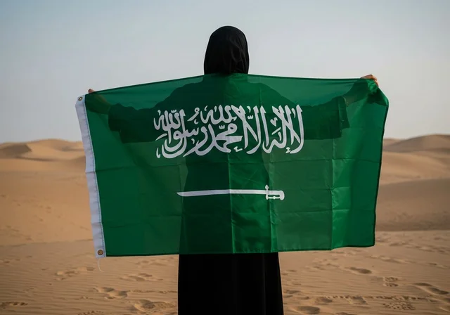 Flag Day is on March 11, commemorating Saudi National Day on September 23, celebrating national holidays and occasions, raising the banner of monotheism and Islam, a shot from behind of a Saudi Arabian Gulf woman in a hijab holding the Saudi flag in the desert, pride in belonging to the homeland.
