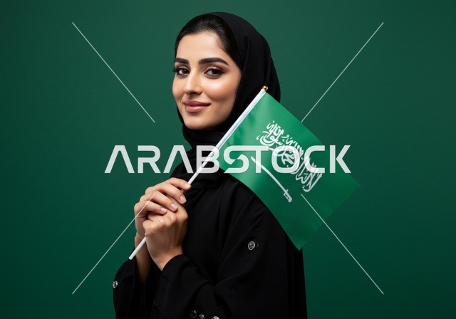 استذكار اليوم الوطني السعودي 23 سبتمبر، يوم العلم 11 مارس، الاحتفال بالأعياد والمناسبات الوطنية، رفع راية التوحيد والإسلام، بورتريه مقرب لامرأة عربية خليجية سعودية محجبة تحمل بيدها علم السعودية الاخضر، الفخر و الاعتزاز بالانتماء للوطن، خلفية خضراء