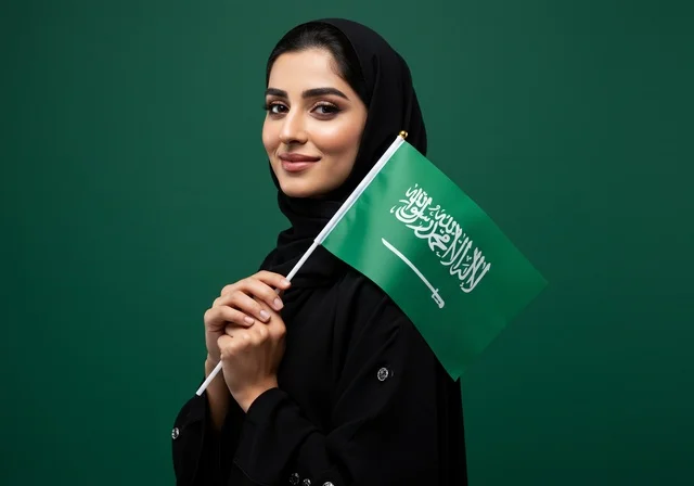 استذكار اليوم الوطني السعودي 23 سبتمبر، يوم العلم 11 مارس، الاحتفال بالأعياد والمناسبات الوطنية، رفع راية التوحيد والإسلام، بورتريه مقرب لامرأة عربية خليجية سعودية محجبة تحمل بيدها علم السعودية الاخضر، الفخر و الاعتزاز بالانتماء للوطن، خلفية خضراء