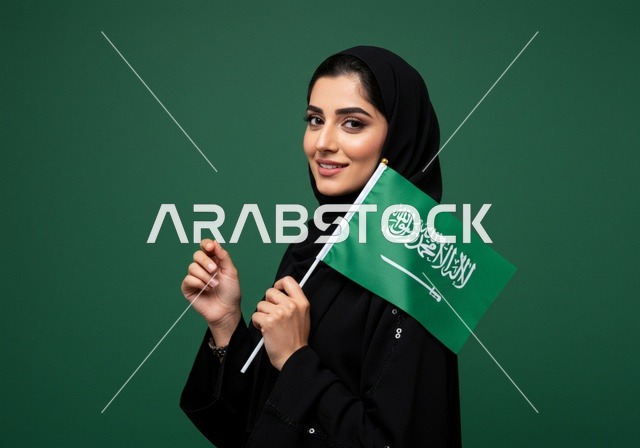 استذكار اليوم الوطني السعودي 23 سبتمبر، يوم العلم 11 مارس، الاحتفال بالأعياد والمناسبات الوطنية، رفع راية التوحيد والإسلام، بورتريه مقرب لامرأة عربية خليجية سعودية محجبة تحمل بيدها علم السعودية الاخضر، الفخر و الاعتزاز بالانتماء للوطن، خلفية خضراء