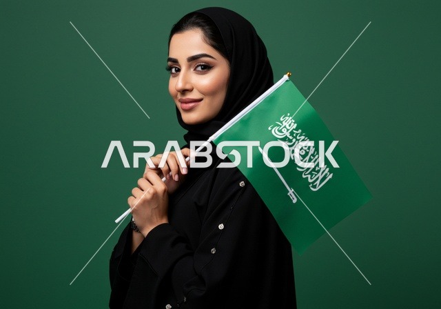 استذكار اليوم الوطني السعودي 23 سبتمبر، يوم العلم 11 مارس، الاحتفال بالأعياد والمناسبات الوطنية، رفع راية التوحيد والإسلام، بورتريه مقرب لامرأة عربية خليجية سعودية محجبة تحمل بيدها علم السعودية الاخضر، الفخر و الاعتزاز بالانتماء للوطن، خلفية خضراء