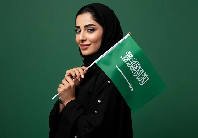 استذكار اليوم الوطني السعودي 23 سبتمبر، يوم العلم 11 مارس، الاحتفال بالأعياد والمناسبات الوطنية، رفع راية التوحيد والإسلام، بورتريه مقرب لامرأة عربية خليجية سعودية محجبة تحمل بيدها علم السعودية الاخضر، الفخر و الاعتزاز بالانتماء للوطن، خلفية خضراء