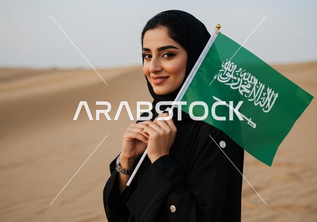 استذكار اليوم الوطني السعودي 23 سبتمبر، يوم العلم 11 مارس، الاحتفال بالأعياد والمناسبات الوطنية، رفع راية التوحيد والإسلام، امرأة عربية خليجية سعودية محجبة تحمل بيدها علم السعودية الاخضر تقف في الصحراء، الفخر و الاعتزاز بالانتماء للوطن